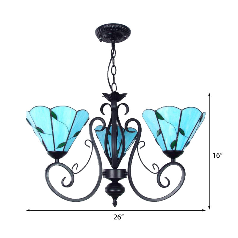 Adjustable Chain Vintage Glass Pendant Light - Leaf Ceiling Chandelier With 3 Lights In Blue/Clear