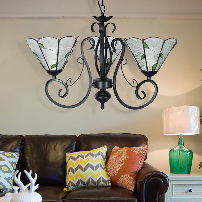 Adjustable Chain Vintage Glass Pendant Light - Leaf Ceiling Chandelier With 3 Lights In Blue/Clear