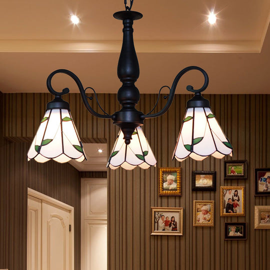 Adjustable Stained Glass Cone Chandelier With Traditional Pendant Light - 3 Lights And Rhombus/Leaf