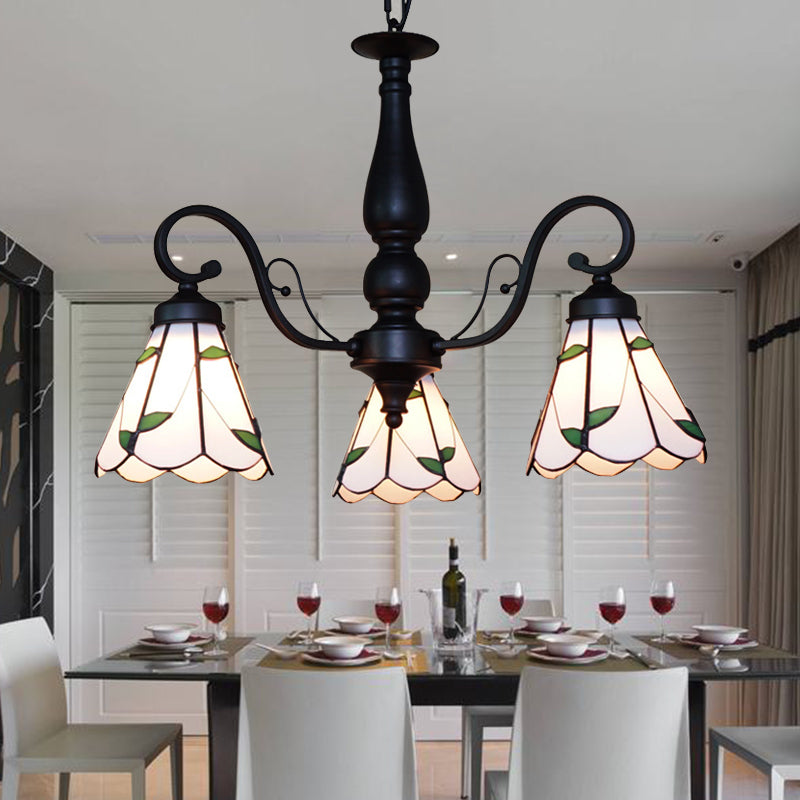 Adjustable Stained Glass Cone Chandelier With Traditional Pendant Light - 3 Lights And Rhombus/Leaf