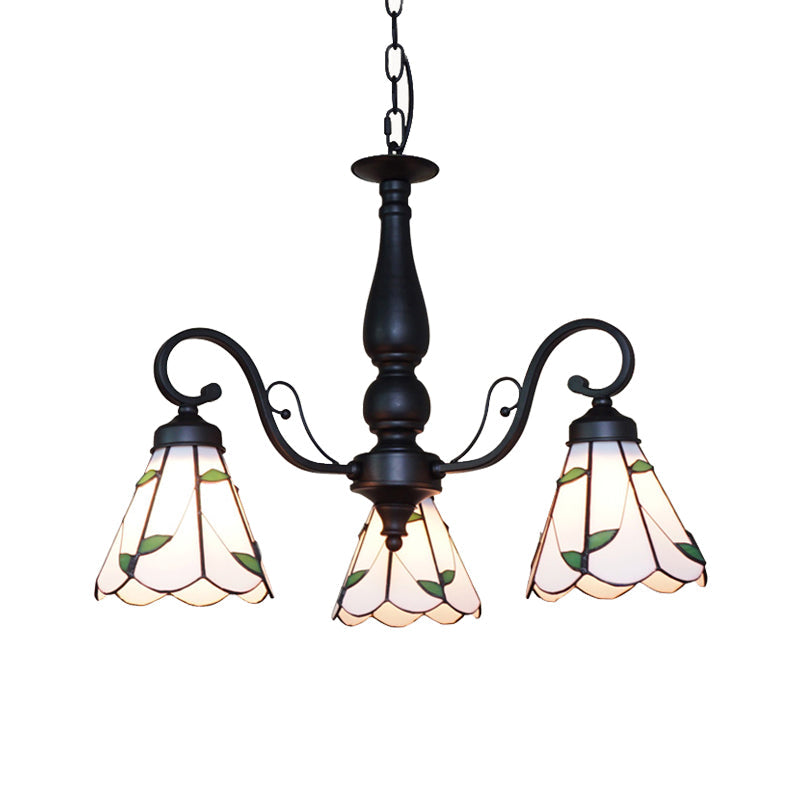 Adjustable Chain Stained Glass Cone Chandelier Lamp - Traditional Pendant Light With Rhombus/Leaf In