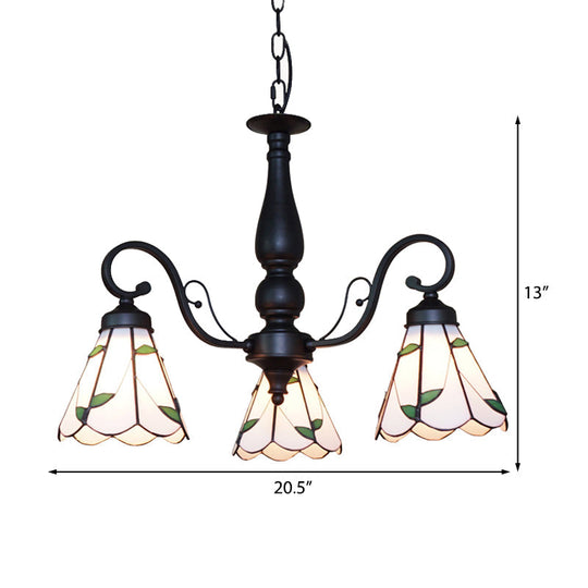 Adjustable Chain Stained Glass Cone Chandelier Lamp - Traditional Pendant Light With Rhombus/Leaf In