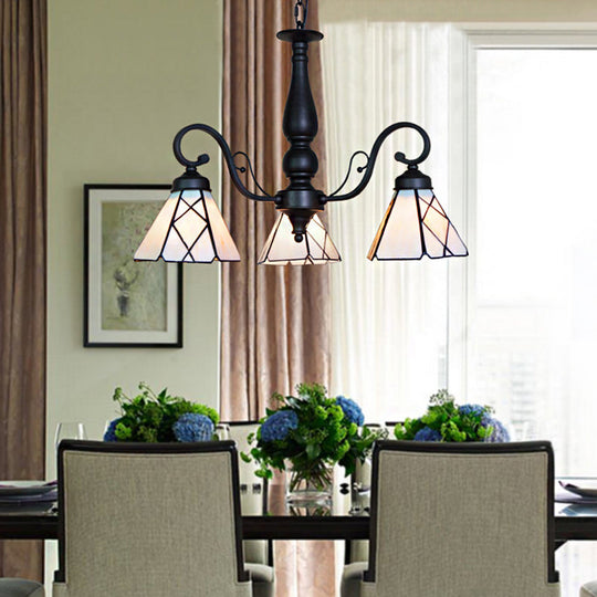 Adjustable Stained Glass Cone Chandelier With Traditional Pendant Light - 3 Lights And Rhombus/Leaf