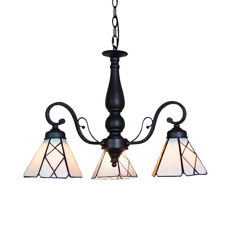 Adjustable Stained Glass Cone Chandelier With Traditional Pendant Light - 3 Lights And Rhombus/Leaf