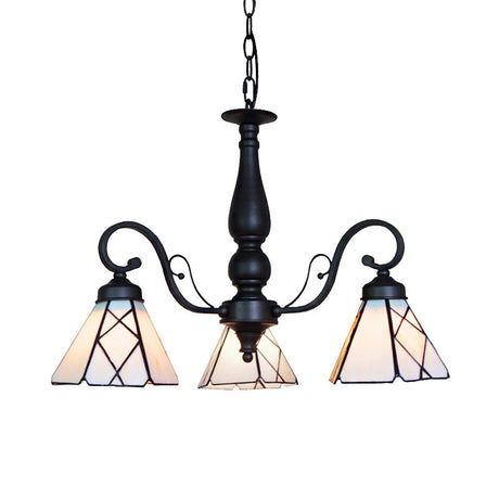 Adjustable Chain Stained Glass Cone Chandelier Lamp - Traditional Pendant Light With Rhombus/Leaf In