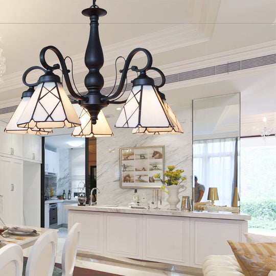 Rustic Cone Pendant Light With Gooseneck Rhombus/Leaf Pattern - 5 Lights Stained Glass Chandelier