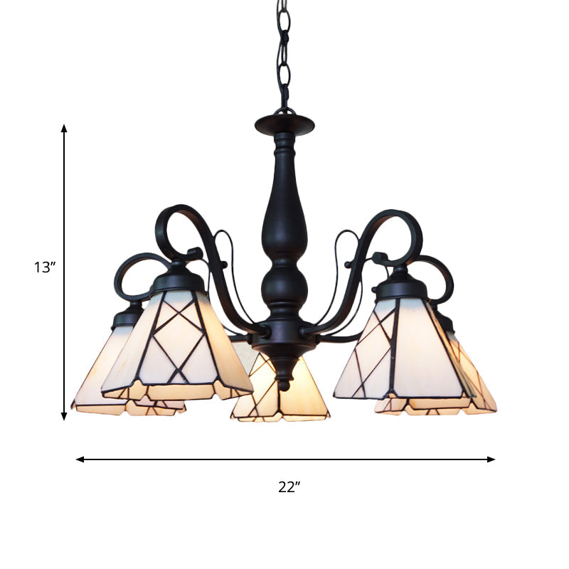 Rustic Cone Pendant Light With Gooseneck Rhombus/Leaf Pattern - 5 Lights Stained Glass Chandelier