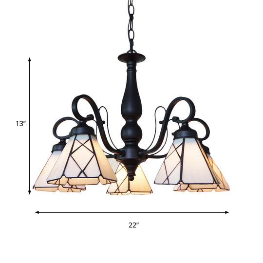 Rustic Cone Pendant Light With Gooseneck Rhombus/Leaf Pattern - 5 Lights Stained Glass Chandelier