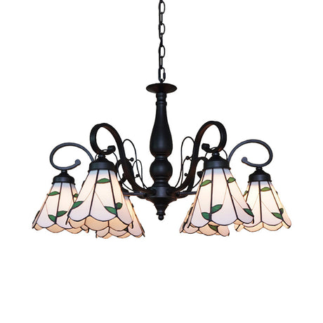 Vintage Beige Glass Cone Chandelier With Rhombus/Leaf Pattern - Ideal For Living Room Indoor