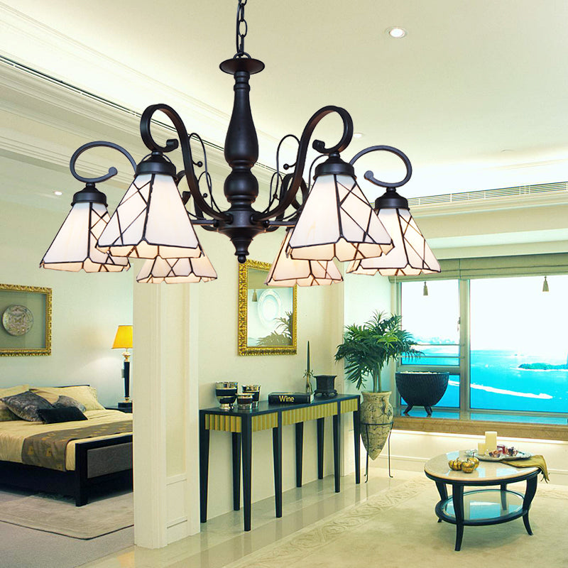 Vintage Indoor Lighting: Multi Light Cone Chandelier With Rhombus/Leaf Pattern Beige Glass For