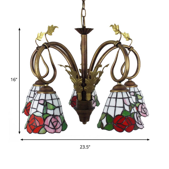 Adjustable Chain Rustic Chandelier - Rose Hanging Light 5 Lights Stained Glass Red
