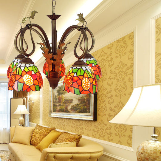 Rustic Sunflower Pendant Light With Adjustable 5 Lights And Metal Chain Orange