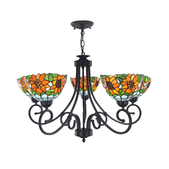 Rustic Sunflower Chandelier Pendant Light With Stained Glass Bowl Shade - 5 Lights In Orange