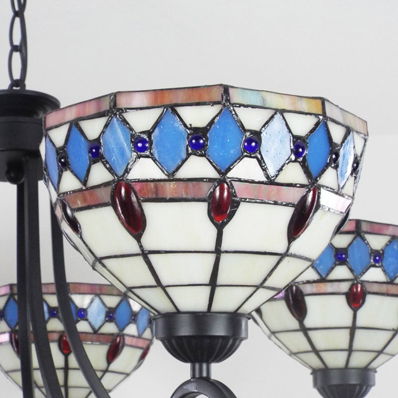 Beige Baroque Pendant Chandelier - Colorful Glass Bowl With Hanging Chain 5 Lights