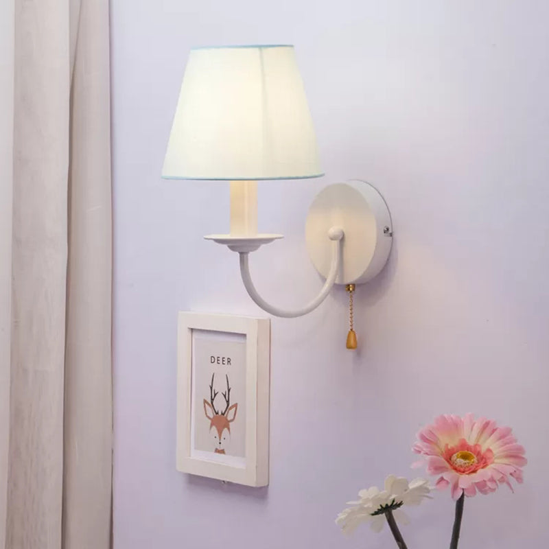 Modern Blue Fabric Tapered Shade Wall Light With Pull Chain - Dining Room Sconce