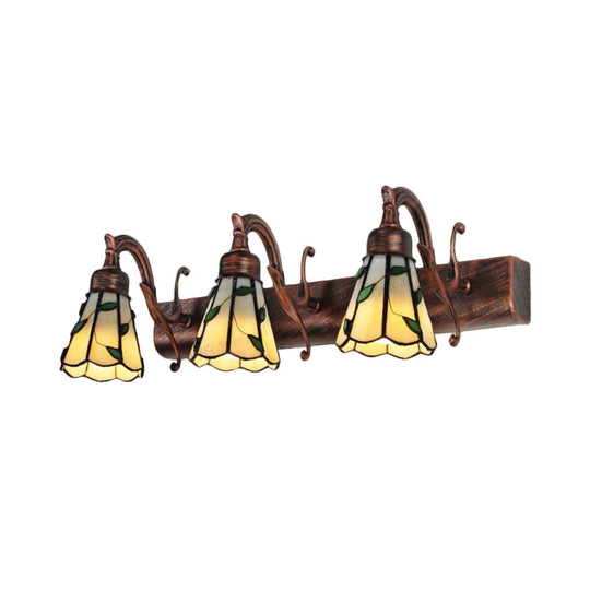 Rustic Loft Stained Glass Vanity Light With Linear Backplate And 3 Leaf-Shaped Heads In