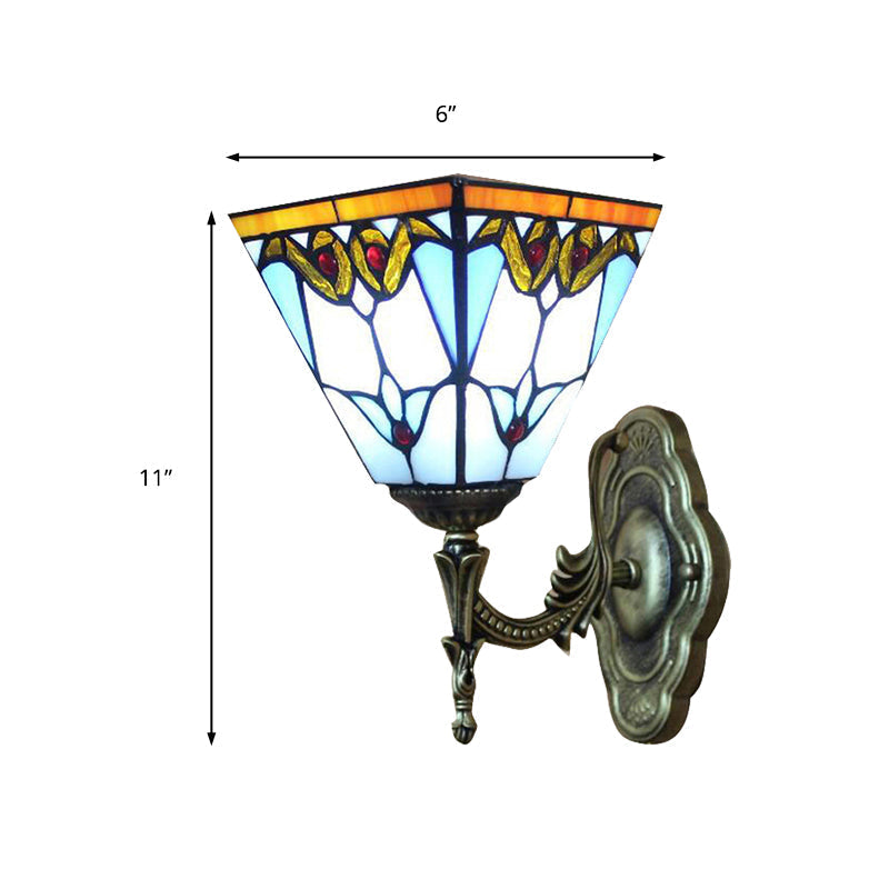 Blue Stained Glass Tiffany Victorian Sconce Lamp: Pyramid Study Room Wall Light