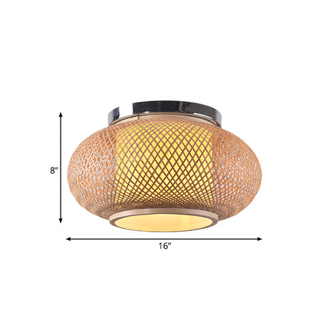 Yellow Lantern Shade Flush Light - Contemporary Style 16/19.5 Dia 1-Head Bamboo Ceiling Mounted For