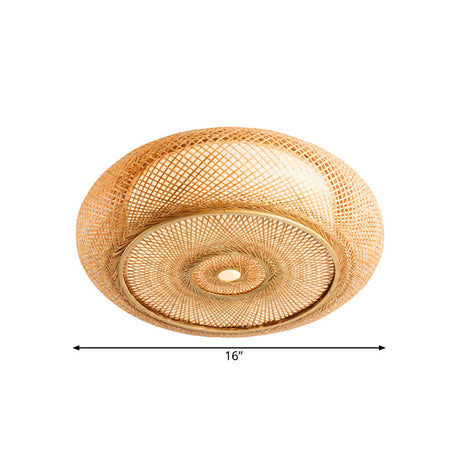 Handcrafted Bamboo Flush Mount Ceiling Light - 3-Light Beige Round Shade Fixture 16/19.5 Width Lamp
