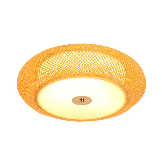 Yellow Bamboo Led Ceiling Light With Asian Drum Style - 16’/19.5’ Width For Living Room Flushmounts