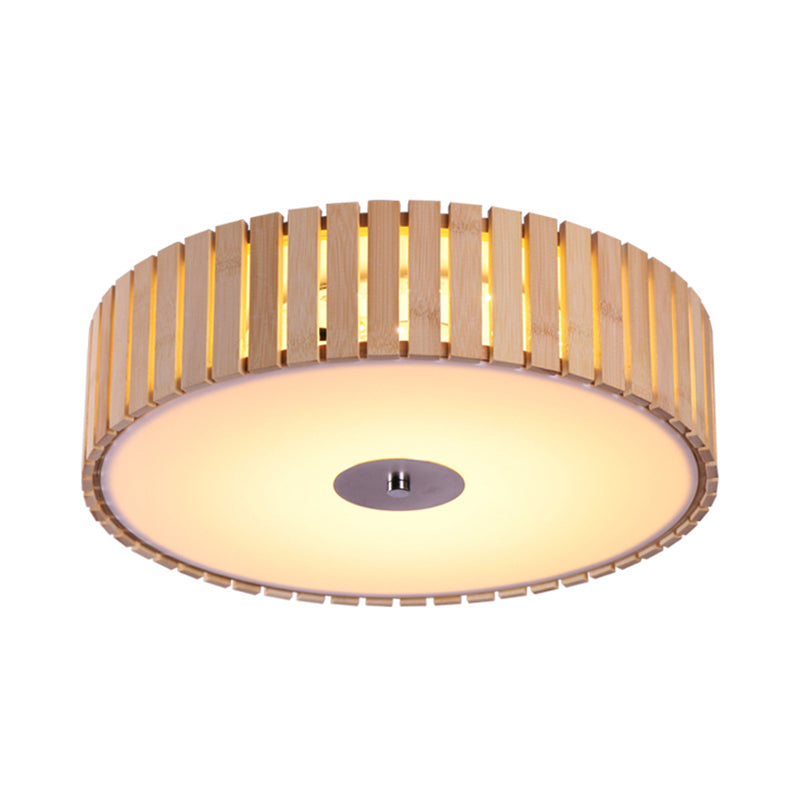 Modern Bamboo Flush Mount Led Ceiling Light 15’/19’ W Beige Drum Shade Fixture For Living Room