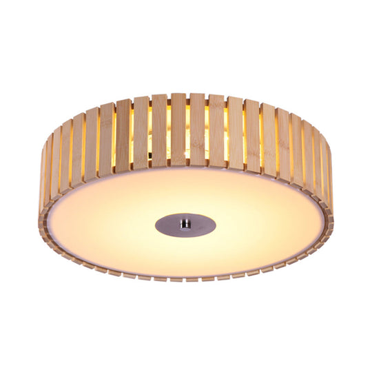 Modern Bamboo Flush Mount Led Ceiling Light 15’/19’ W Beige Drum Shade Fixture For Living Room