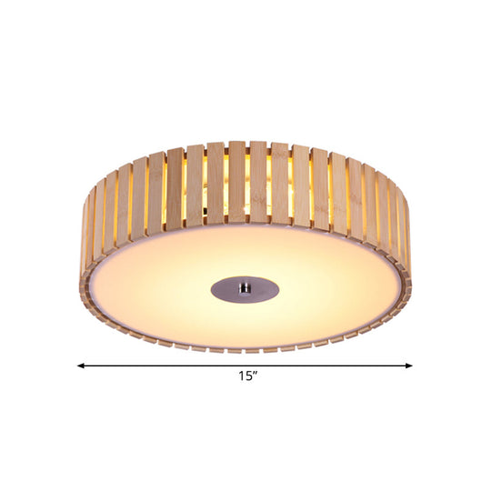 Modern Bamboo Flush Mount Led Ceiling Light 15’/19’ W Beige Drum Shade Fixture For Living Room