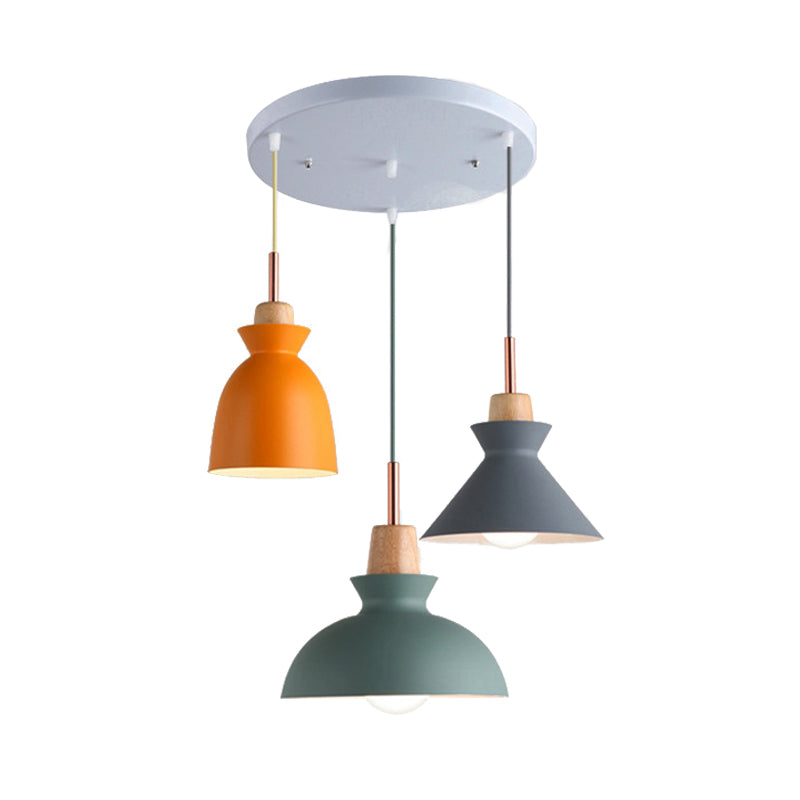 Modern Multi-Color Cone And Dome Pendant Light With 3 Metal Lights - Linear/Round Canopy