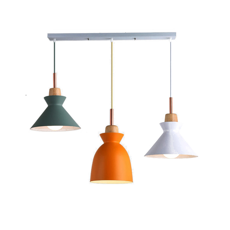 Modern Multi-Color Cone And Dome Pendant Light With 3 Metal Lights - Linear/Round Canopy