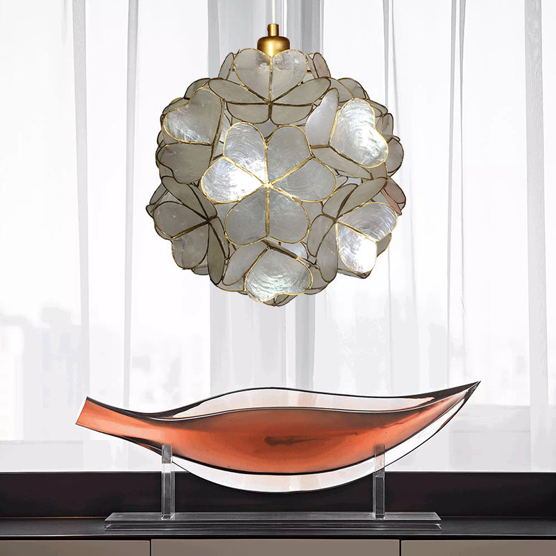 Modern Shell Globe Pendant: Elegant 1-Light Hanging Ceiling Fixture In White/Beige