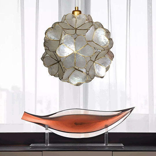 Modern Shell Globe Pendant: Elegant 1-Light Hanging Ceiling Fixture In White/Beige