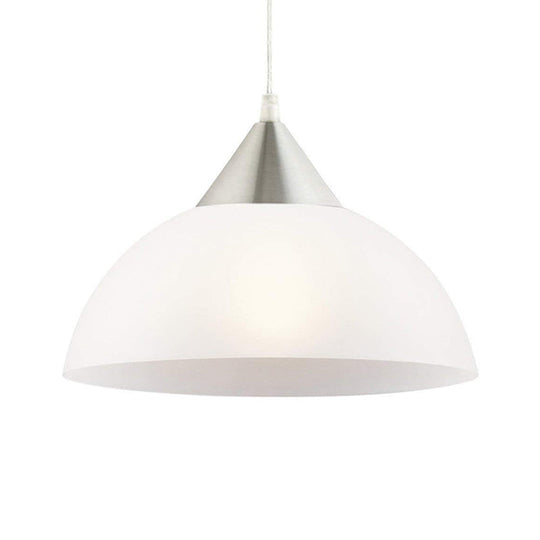 Modern 1-Light Pendant: White Glass Shade Nickel Dome Ceiling Suspension Light
