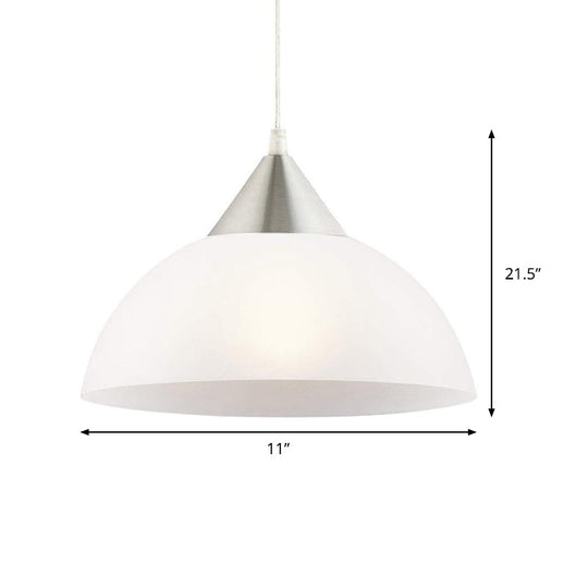 Modern 1-Light Pendant: White Glass Shade Nickel Dome Ceiling Suspension Light