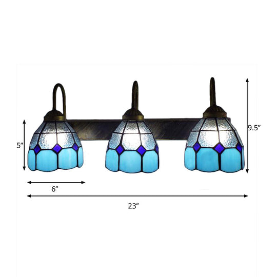 Mediterranean Dome Wall Light Fixture - 3 Blue Dimple Glass Sconce Heads For Bathroom