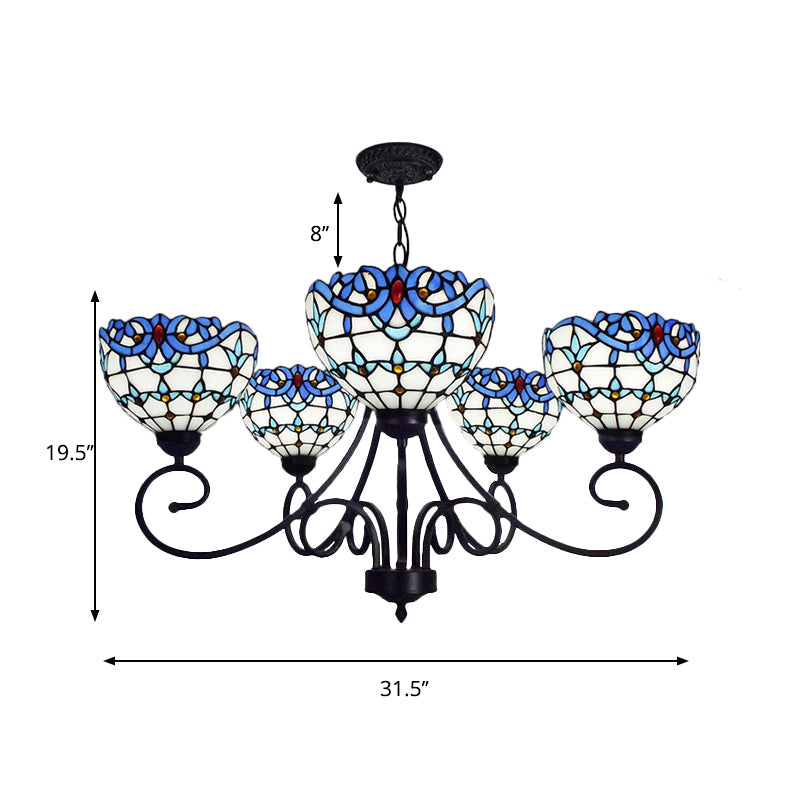 Blue Stained Glass Victorian Pendant Chandelier 5-Light Indoor Lighting For Foyer