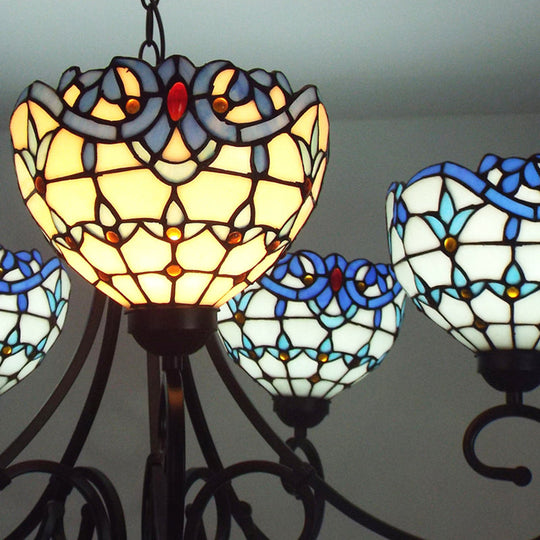 Blue Stained Glass Victorian Pendant Chandelier 5-Light Indoor Lighting For Foyer