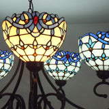 Victorian Stained Glass Bowl Pendant Light - Blue 5-Light Chandelier For Indoor Foyer Use