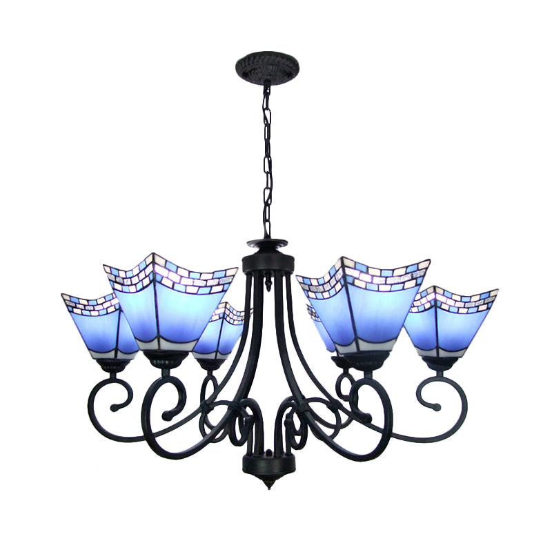 Nautical Cone Chandelier Lamp: Stained Glass Pendant Lighting In Sky Blue/Blue - 6 Lights