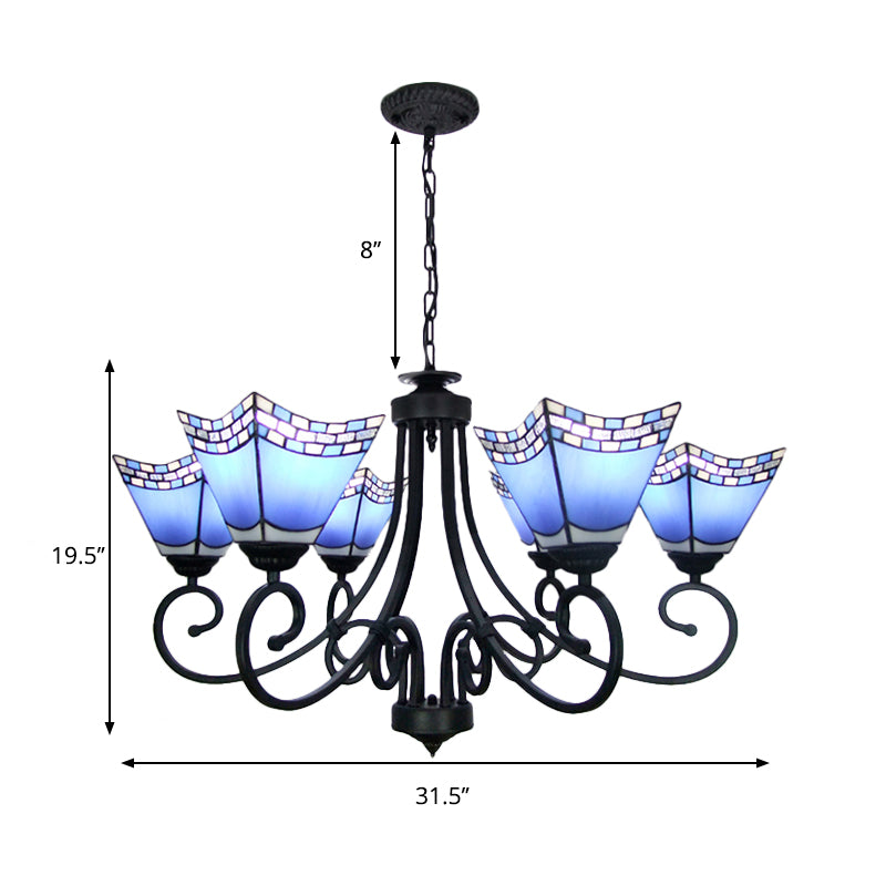 Nautical Cone Chandelier Lamp: Stained Glass Pendant Lighting In Sky Blue/Blue - 6 Lights