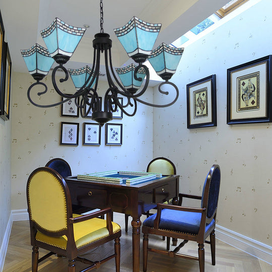 Nautical Cone Chandelier Lamp: Stained Glass Pendant Lighting In Sky Blue/Blue - 6 Lights Blue