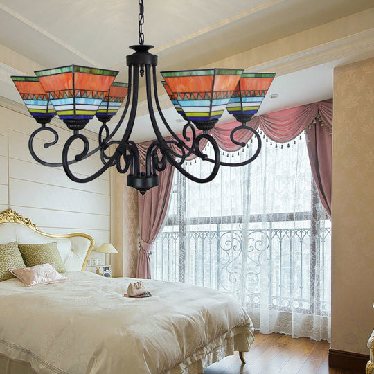 Mission Style Stained Glass Pyramid Chandelier With 6 Pink/Orange Lights - Perfect For Living Room