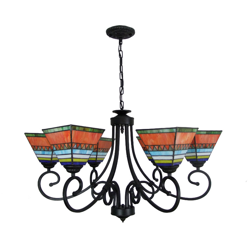 Mission Style Stained Glass Pyramid Chandelier With 6 Pink/Orange Lights - Perfect For Living Room