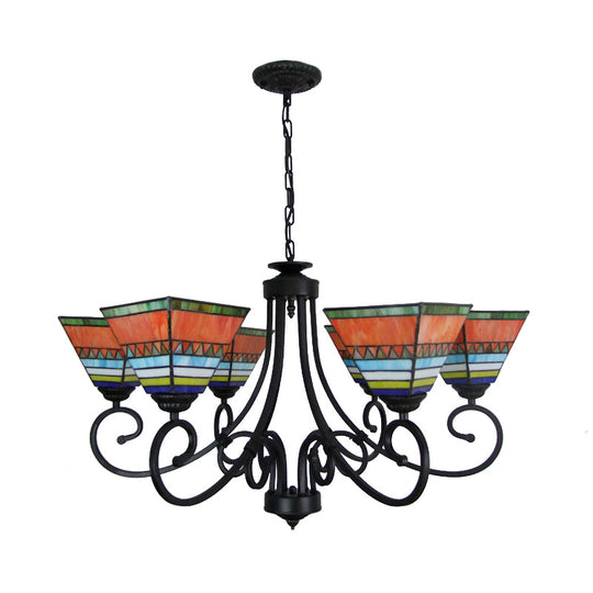 Mission Style Stained Glass Pyramid Chandelier With 6 Pink/Orange Lights - Perfect For Living Room