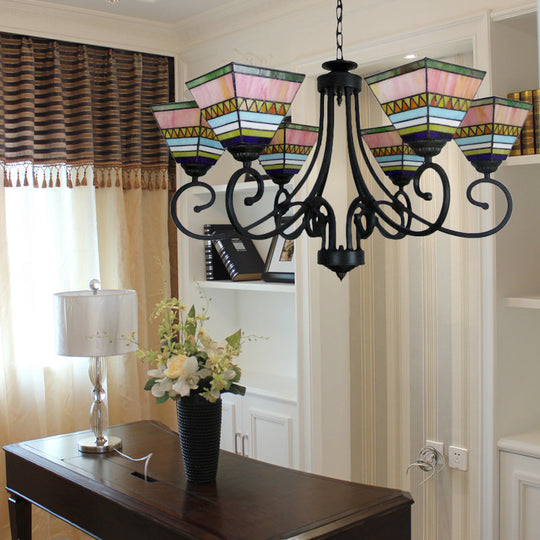 Mission Style Stained Glass Pyramid Chandelier With 6 Pink/Orange Lights - Perfect For Living Room