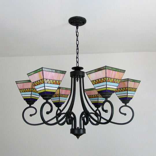Mission Style Stained Glass Pyramid Chandelier With 6 Pink/Orange Lights - Perfect For Living Room