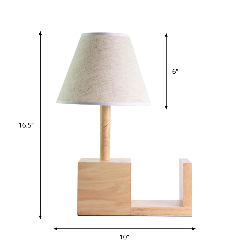 Contemporary Tapered Fabric Night Table Light White 1-Head Desk Lamp With Wood Shelf Base