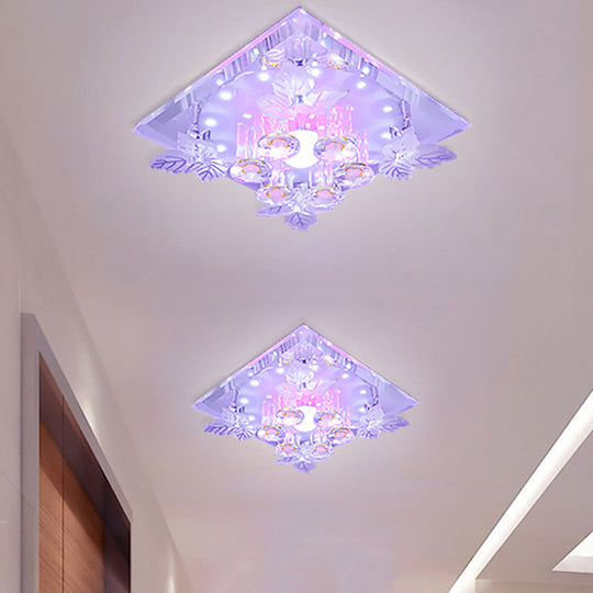 Clear Crystal Led Flush Mount Ceiling Light With Leaf Deco In Warm/White - 7/9.5 Width For Hallways