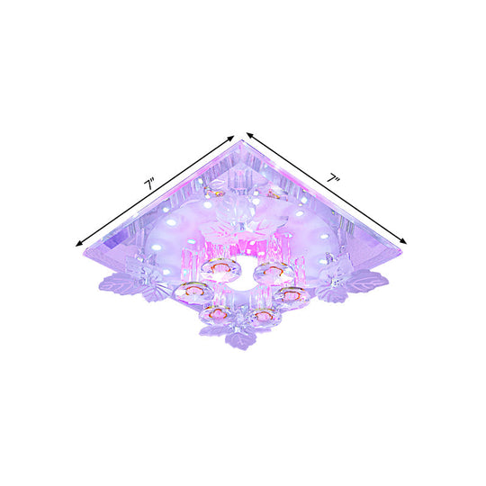 Clear Crystal Led Flush Mount Ceiling Light With Leaf Deco In Warm/White - 7/9.5 Width For Hallways