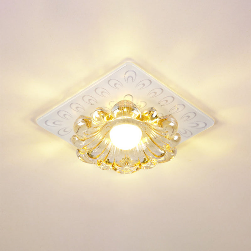 Simplicity Led Ceiling Light In White Round/Square Flushmount With Flower Crystal Shade - Warm/White