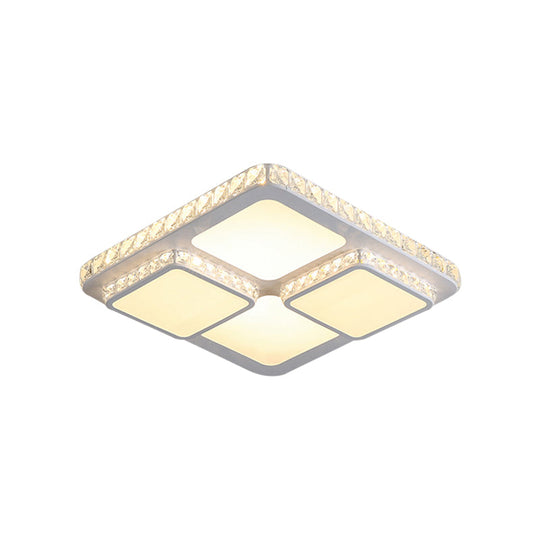 Modern Led Acrylic Ceiling Light: Square Flush Mount Lamp In White With Crystal Accent